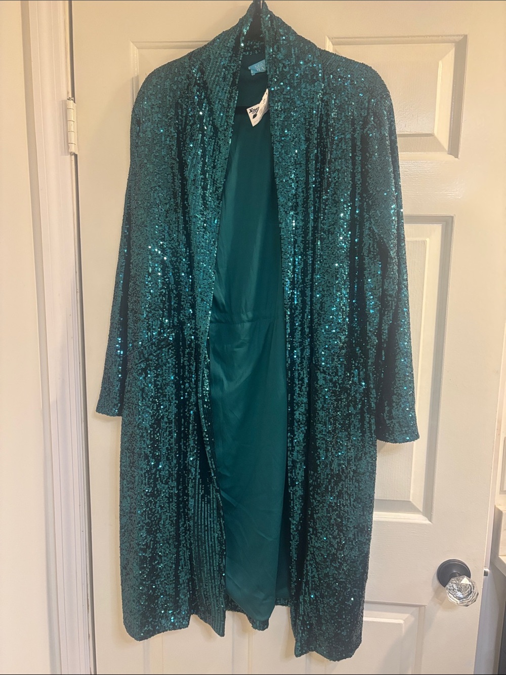Sequin Open-Front Long Robe in Teal